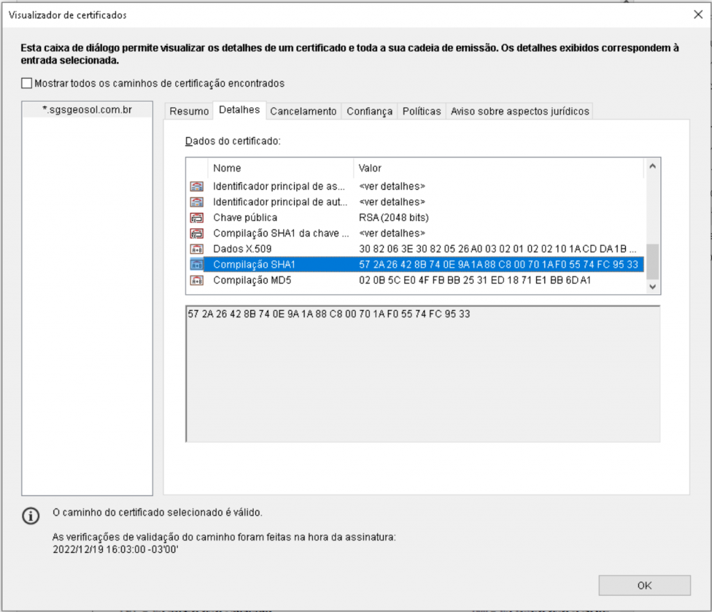 Tela do Visualizador de Certificados do Adobe Reader mostrando a Compilação SHA1 do certificado.